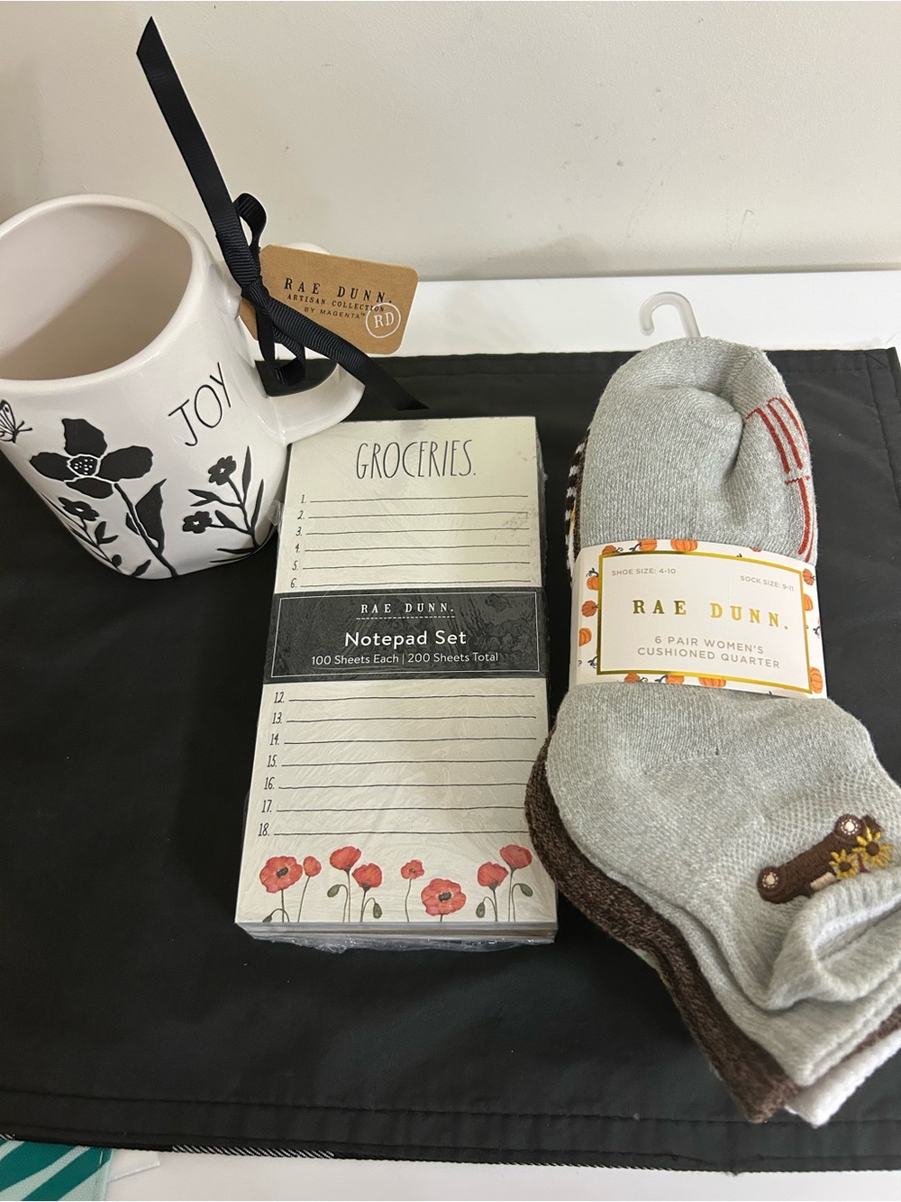 NWT Rae Dunn White Floral Mug & Gray Sock Notepad Gift Set